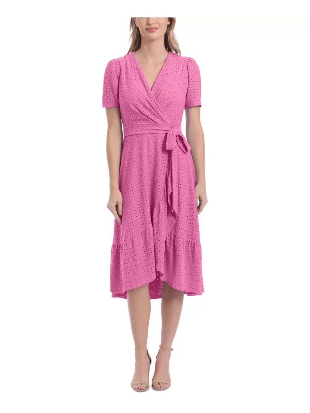 London Times Pink Eyelet Wrap Midi Dress with Tie Waist